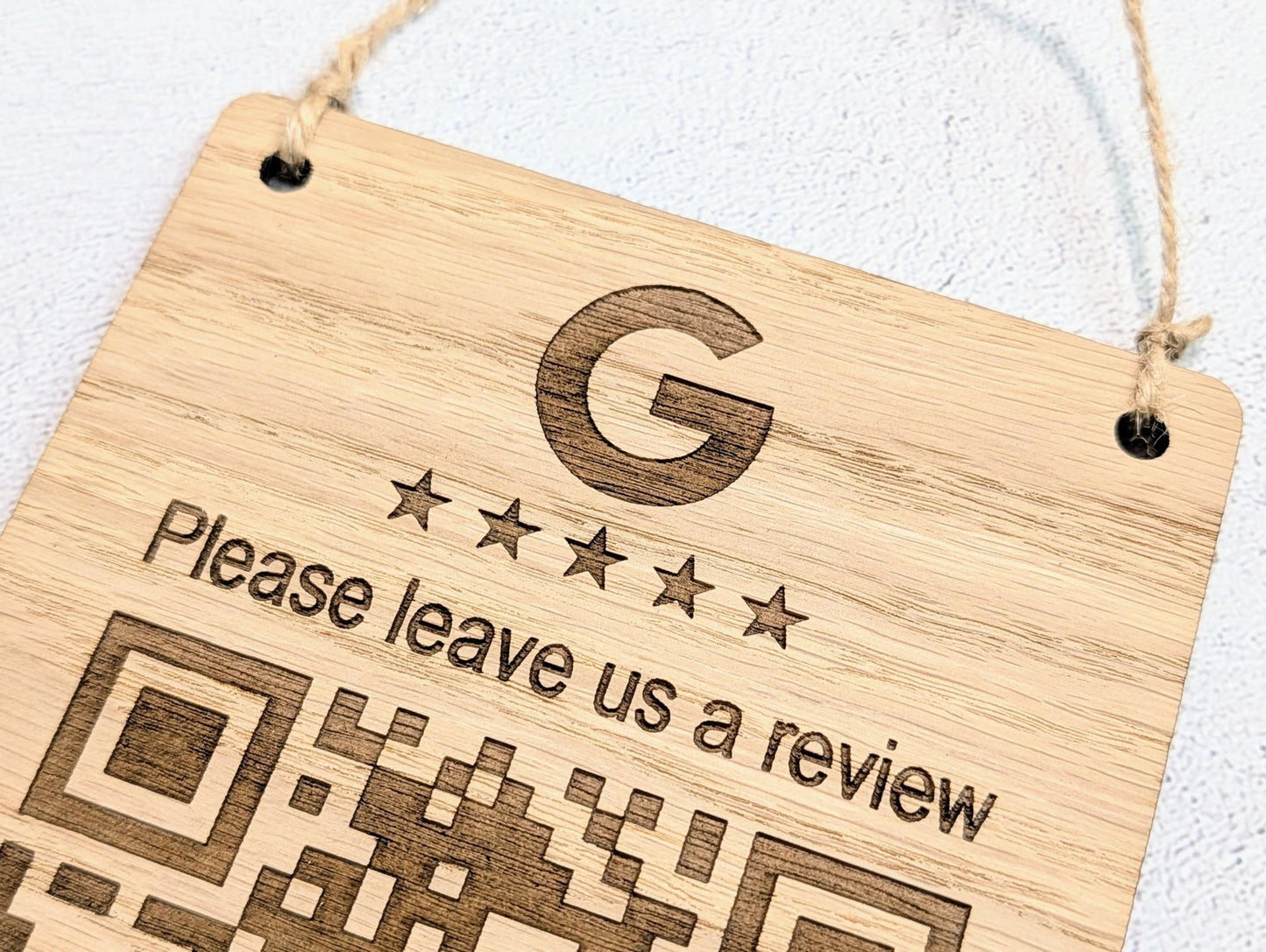 Google Review QR Sign – Oak Veneered Hanging Sign with Logo, Custom Engraved Business Review Plaque, Handmade in Wales - CherryGroveCraft