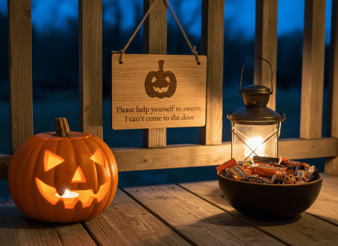 Halloween pumpkin oak sign styled with seasonal Halloween decor