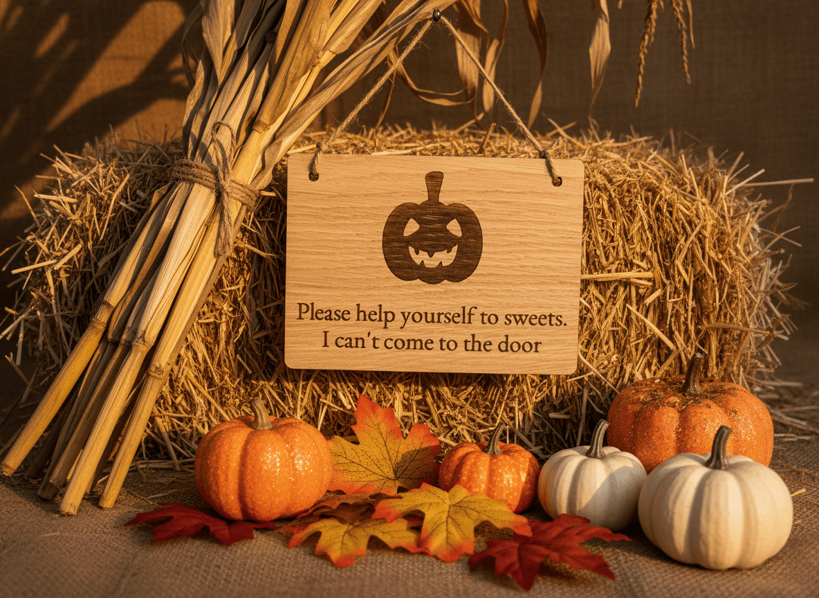 Halloween pumpkin oak sign displayed in a home entryway