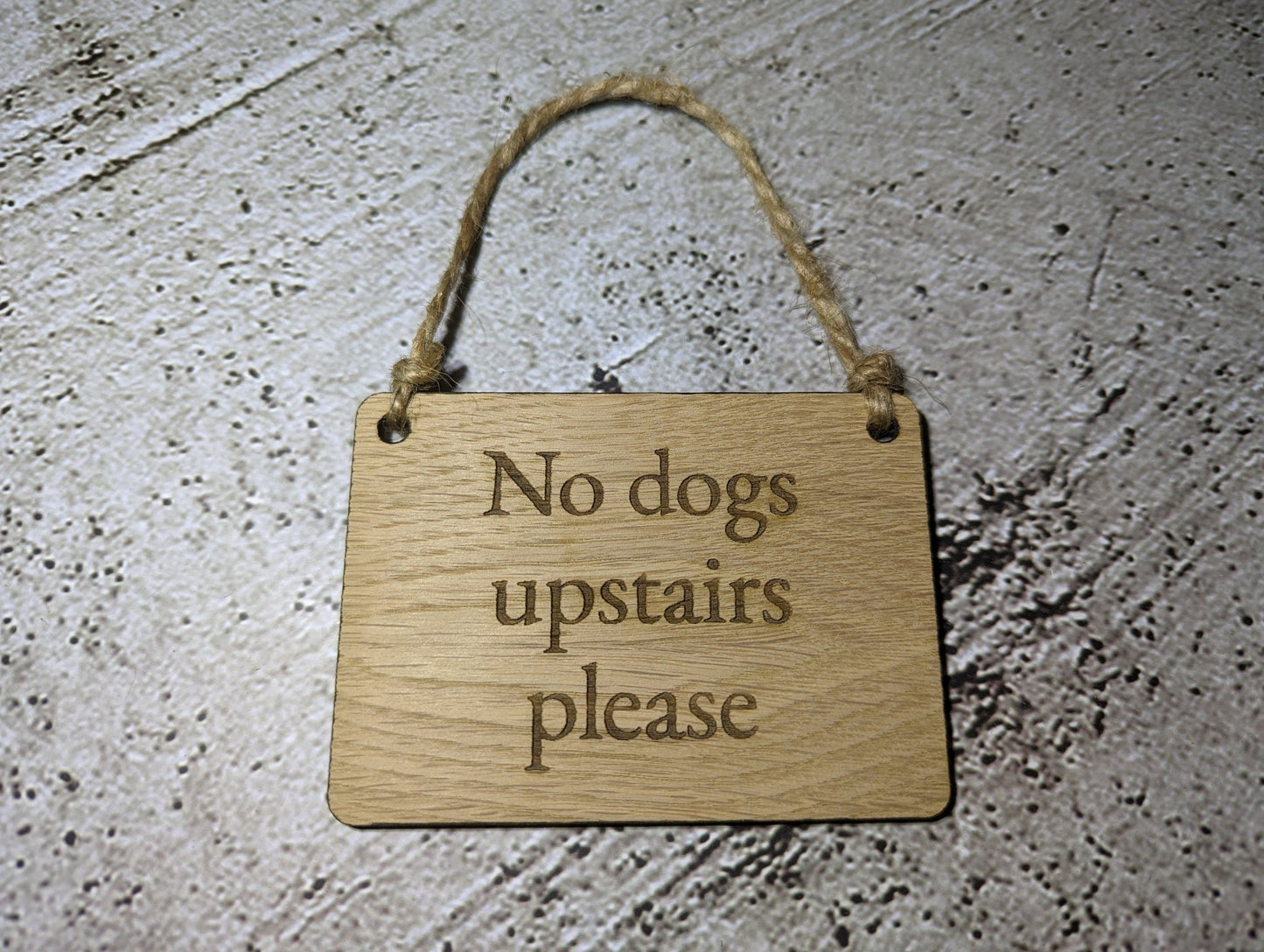 Personalised oak hanging sign — custom wording, medium size, jute string loop