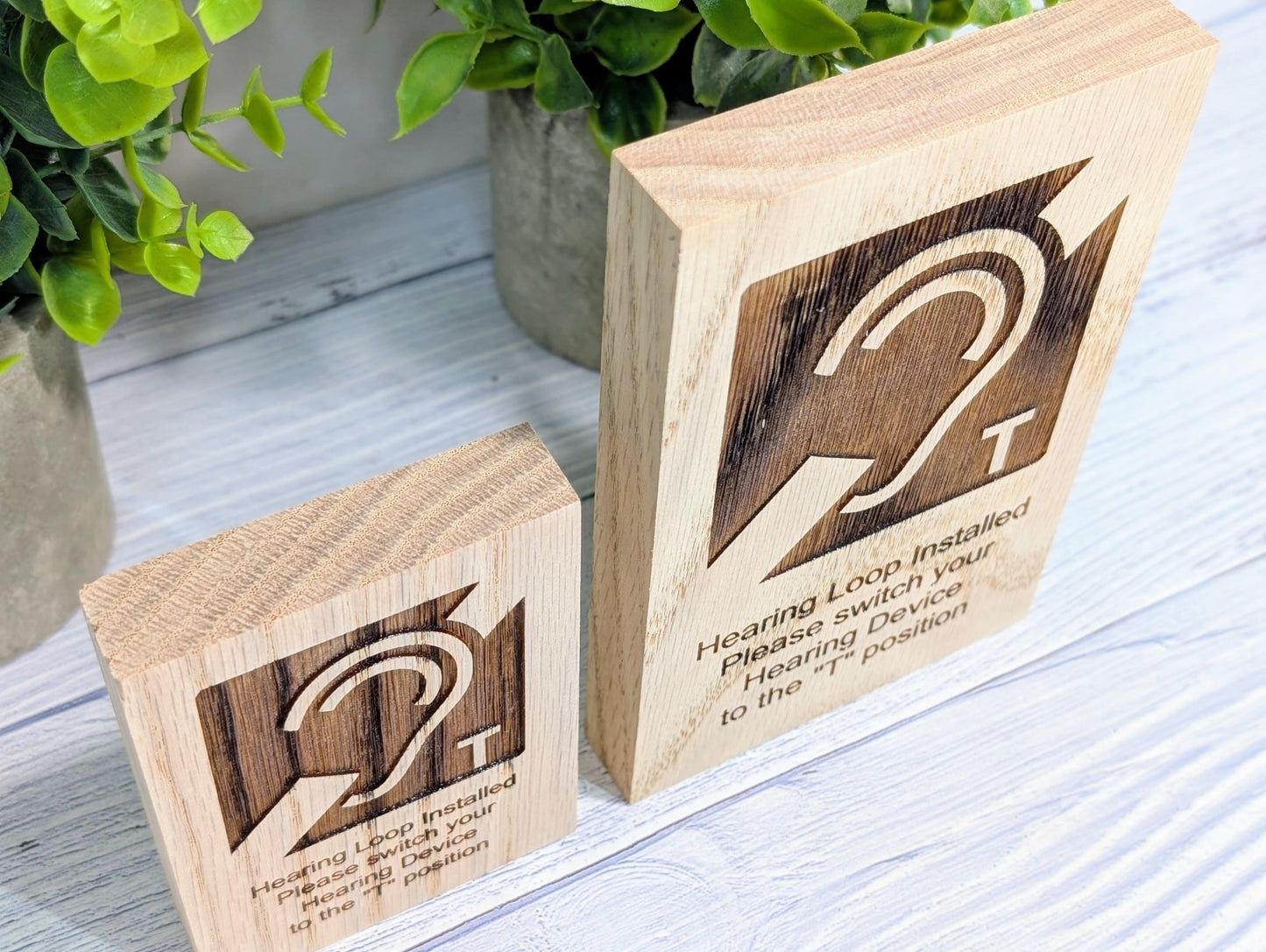 Hearing Loop Signage - Accessible Signs for Businesses and Public Spaces - Freestanding Engraved Oak Block - 2 Sizes - Hearing Aid Symbol - CherryGroveCraft