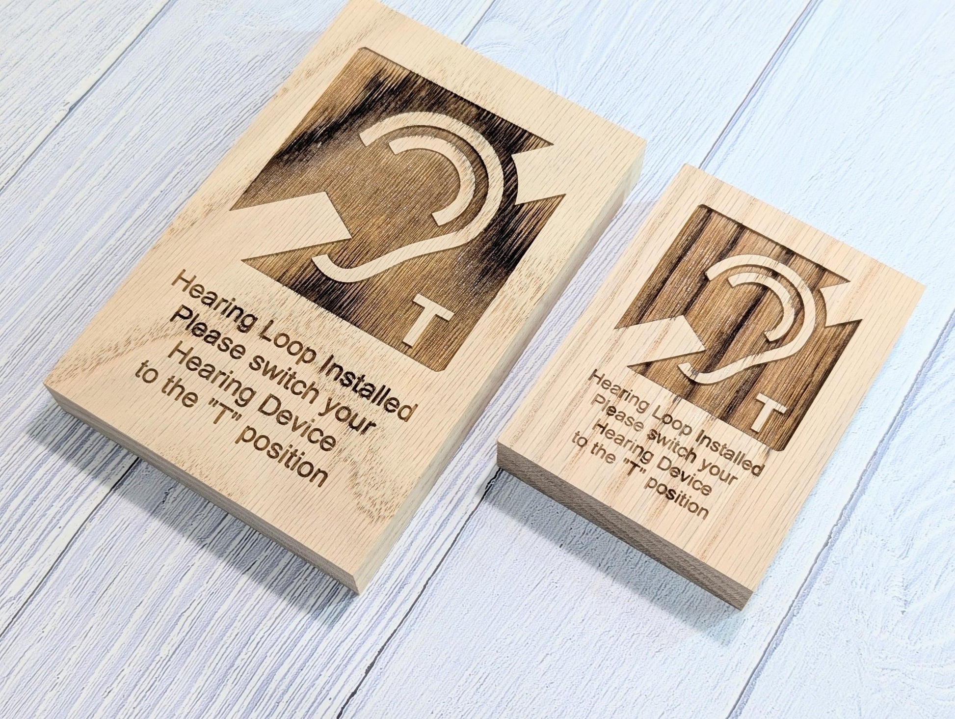 Hearing Loop Signage - Accessible Signs for Businesses and Public Spaces - Freestanding Engraved Oak Block - 2 Sizes - Hearing Aid Symbol - CherryGroveCraft