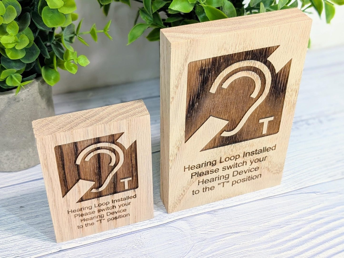 Hearing Loop Signage - Accessible Signs for Businesses and Public Spaces - Freestanding Engraved Oak Block - 2 Sizes - Hearing Aid Symbol - CherryGroveCraft