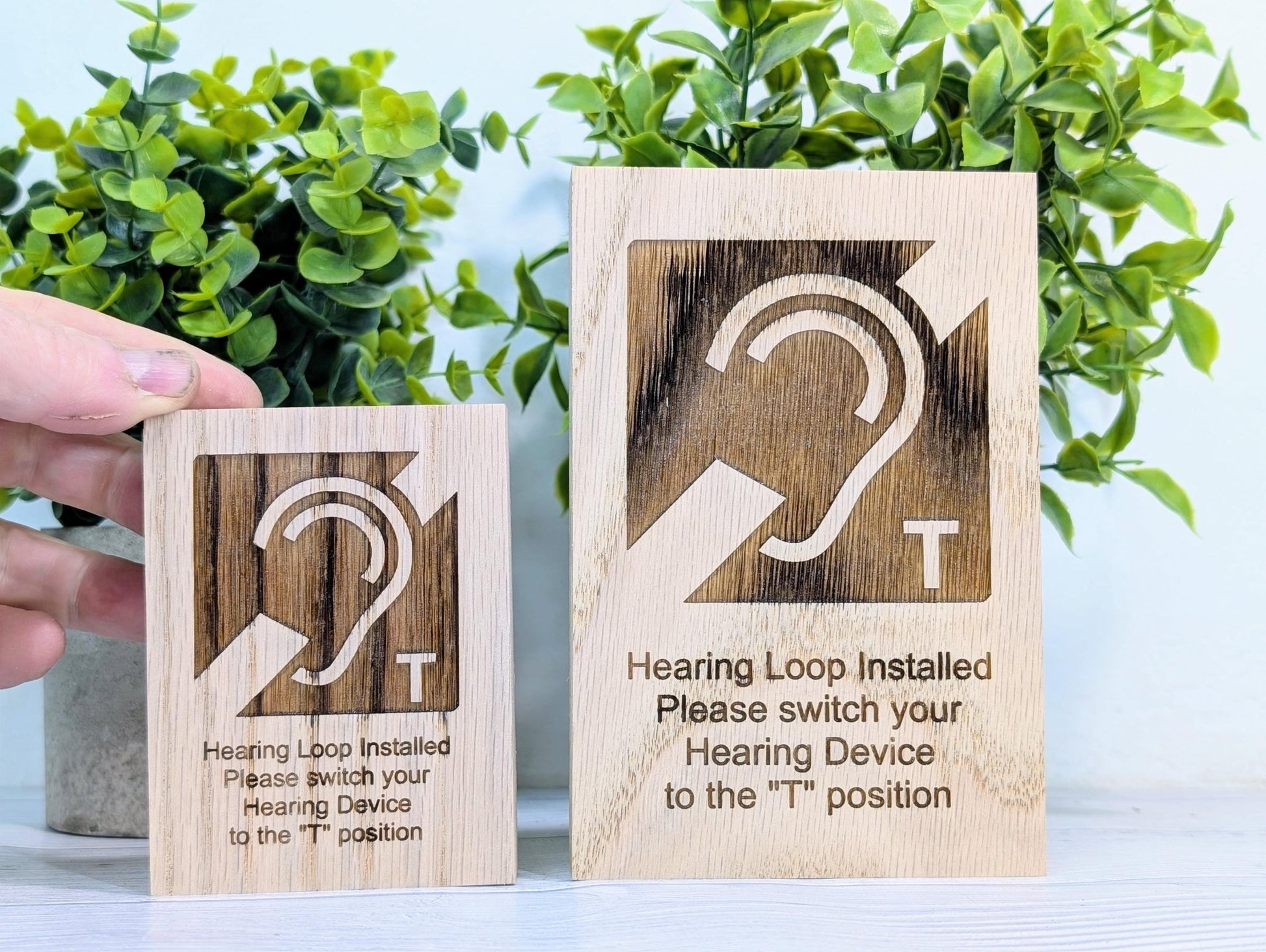 Hearing Loop Signage - Accessible Signs for Businesses and Public Spaces - Freestanding Engraved Oak Block - 2 Sizes - Hearing Aid Symbol - CherryGroveCraft