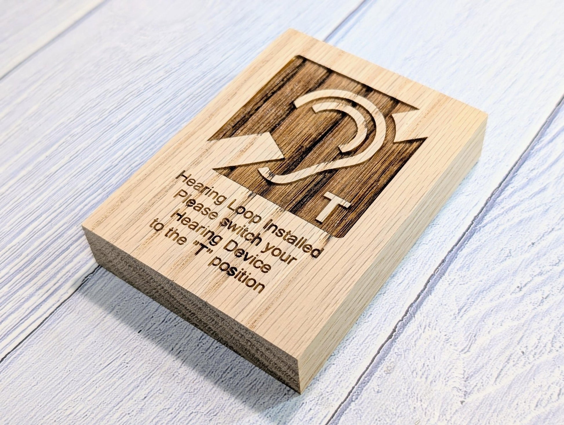 Hearing Loop Signage - Accessible Signs for Businesses and Public Spaces - Freestanding Engraved Oak Block - 2 Sizes - Hearing Aid Symbol - CherryGroveCraft