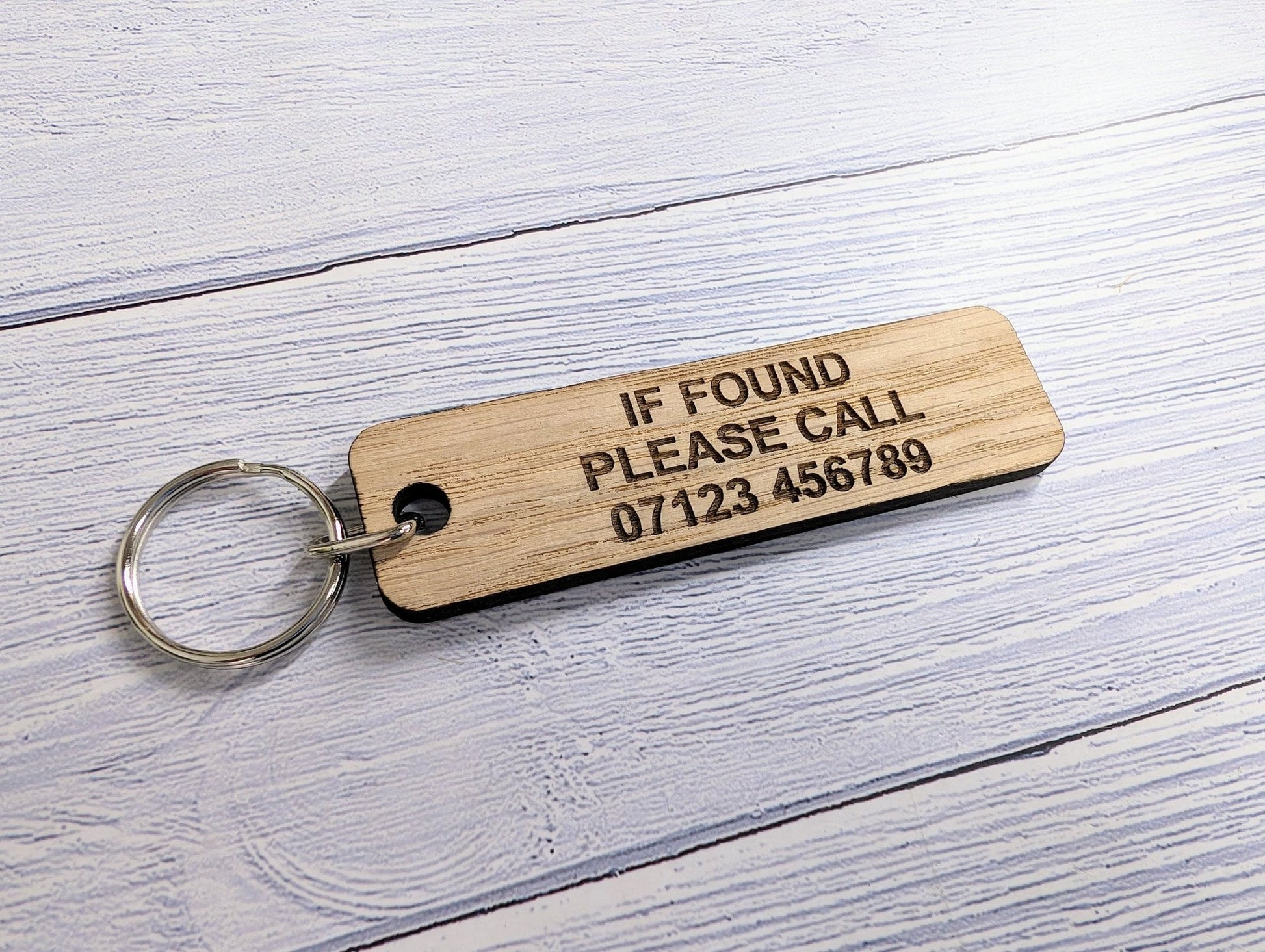 If Found Please Call - Customisable Oak Keyring 90x25mm | Personalised with Your Phone Number - CherryGroveCraft