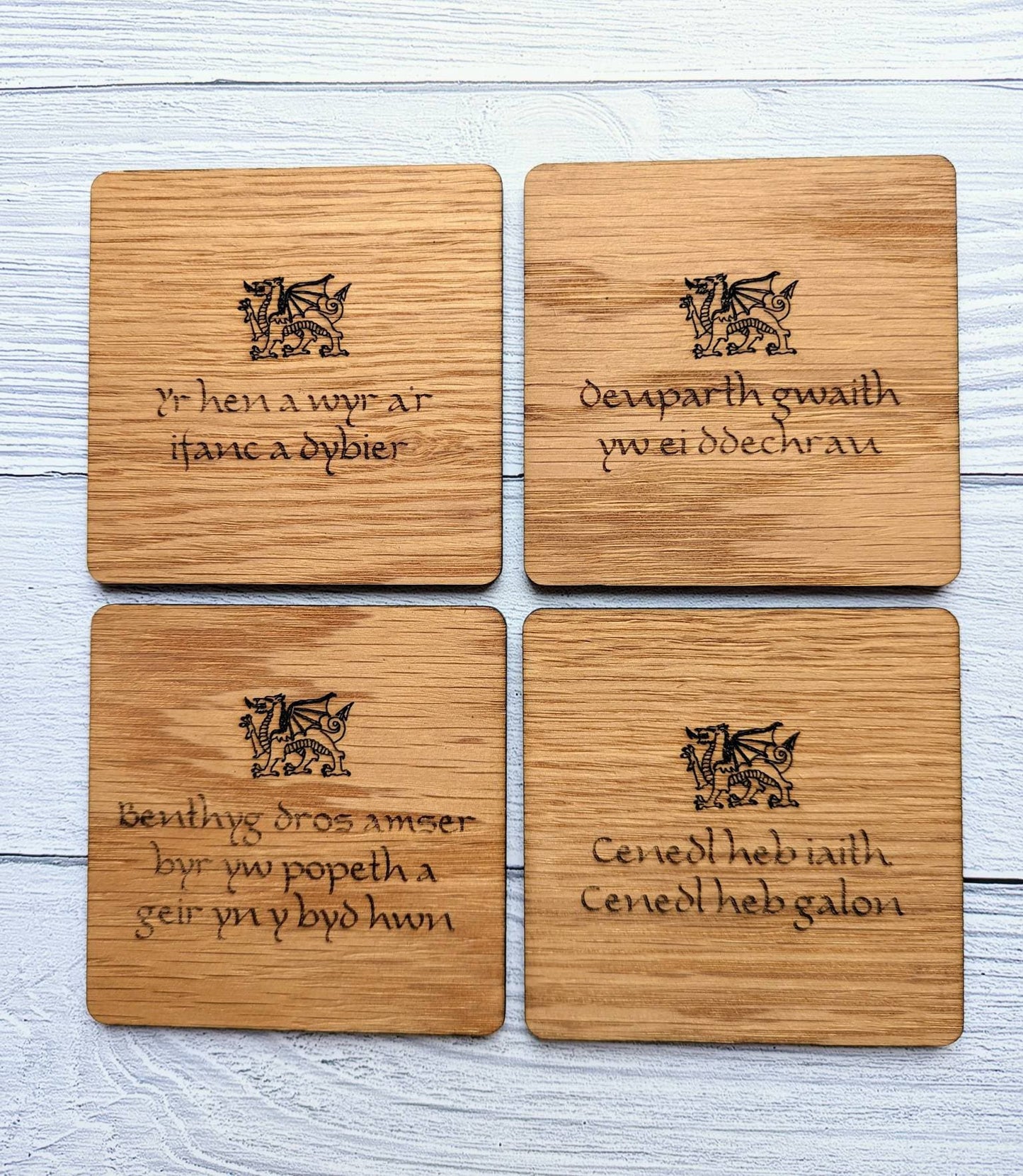 Welsh Wooden Coasters, Welsh Language Gift, Birthday Gift, Oak