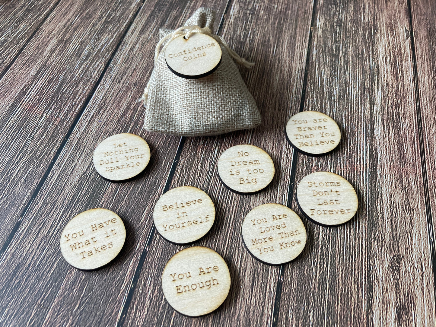 Personalised Wooden Hug Tokens (Confidence Coins) for Uplifting and Comforting Gifts