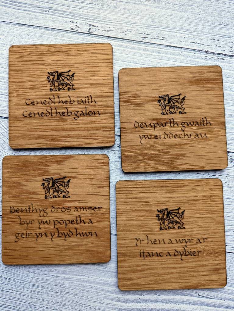 Welsh Wooden Coasters, Welsh Language Gift, Birthday Gift, Oak