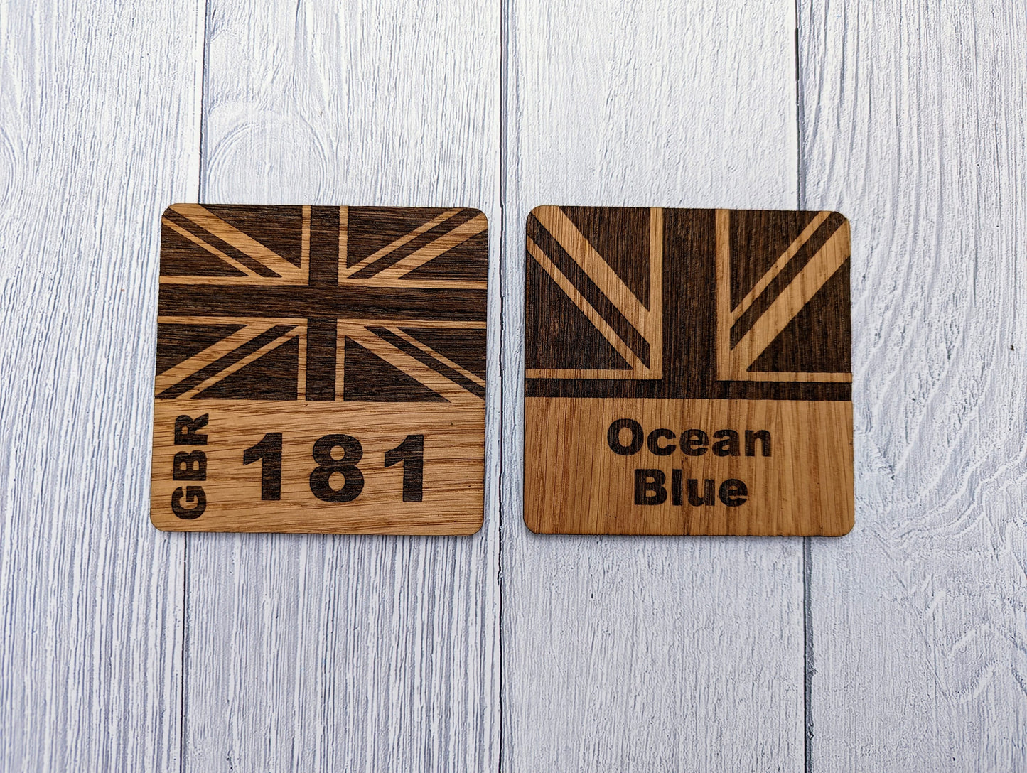 Personalised Sailing Coasters, Your Boat Name OR Sail Number & Union Jack Flag, 6 Oak Veneered Sailing Coasters