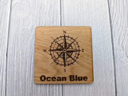 Personalised Sailing Coasters, Compass & Name OR Number, Pack of 6 Oak Veneered Coasters