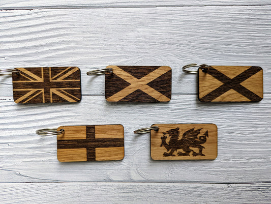 Patriotic Wooden Flag Keyrings, Union Jack, Welsh, Scottish, Irish & English Gifts, Oak