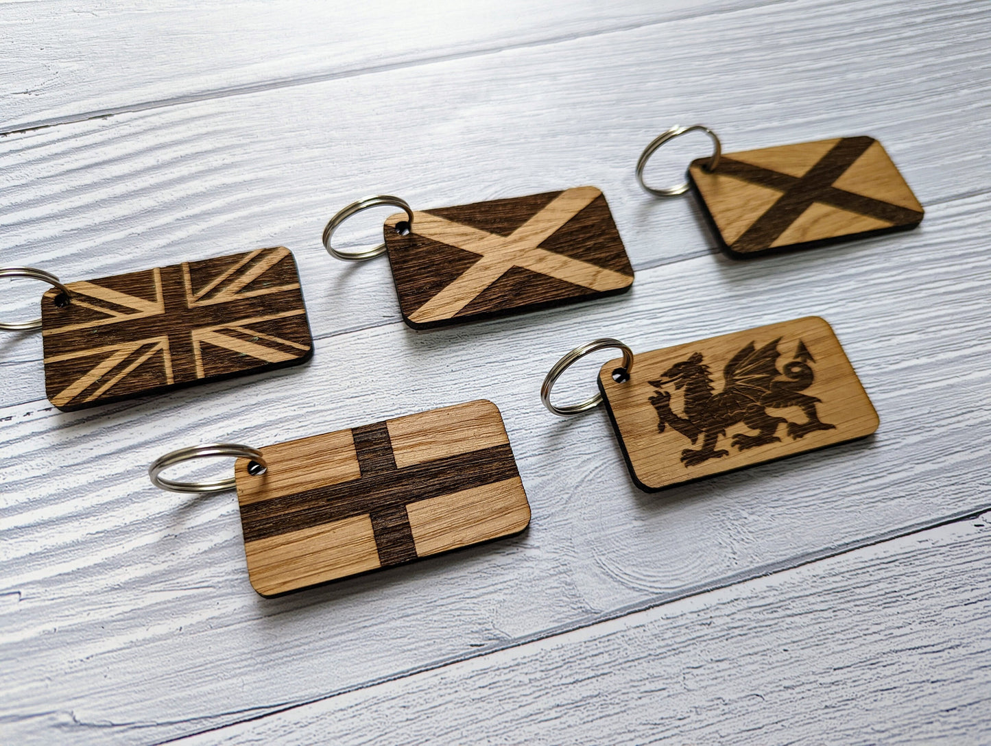 Patriotic Wooden Flag Keyrings, Union Jack, Welsh, Scottish, Irish & English Gifts, Oak