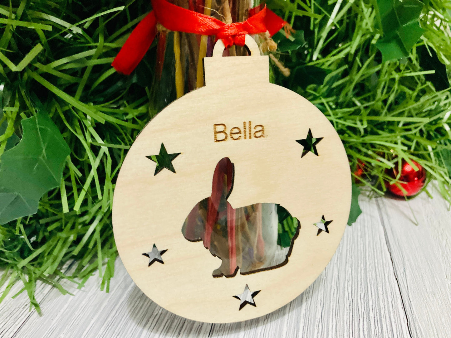 Personalised Rabbit Bauble | Custom Christmas Decoration | Wooden Bunny Gift