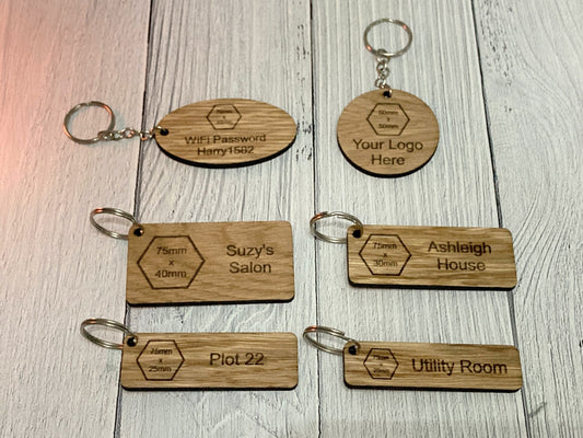 Personalised Wooden Keyrings, Logo Key Fobs, Choice of Size, Oak