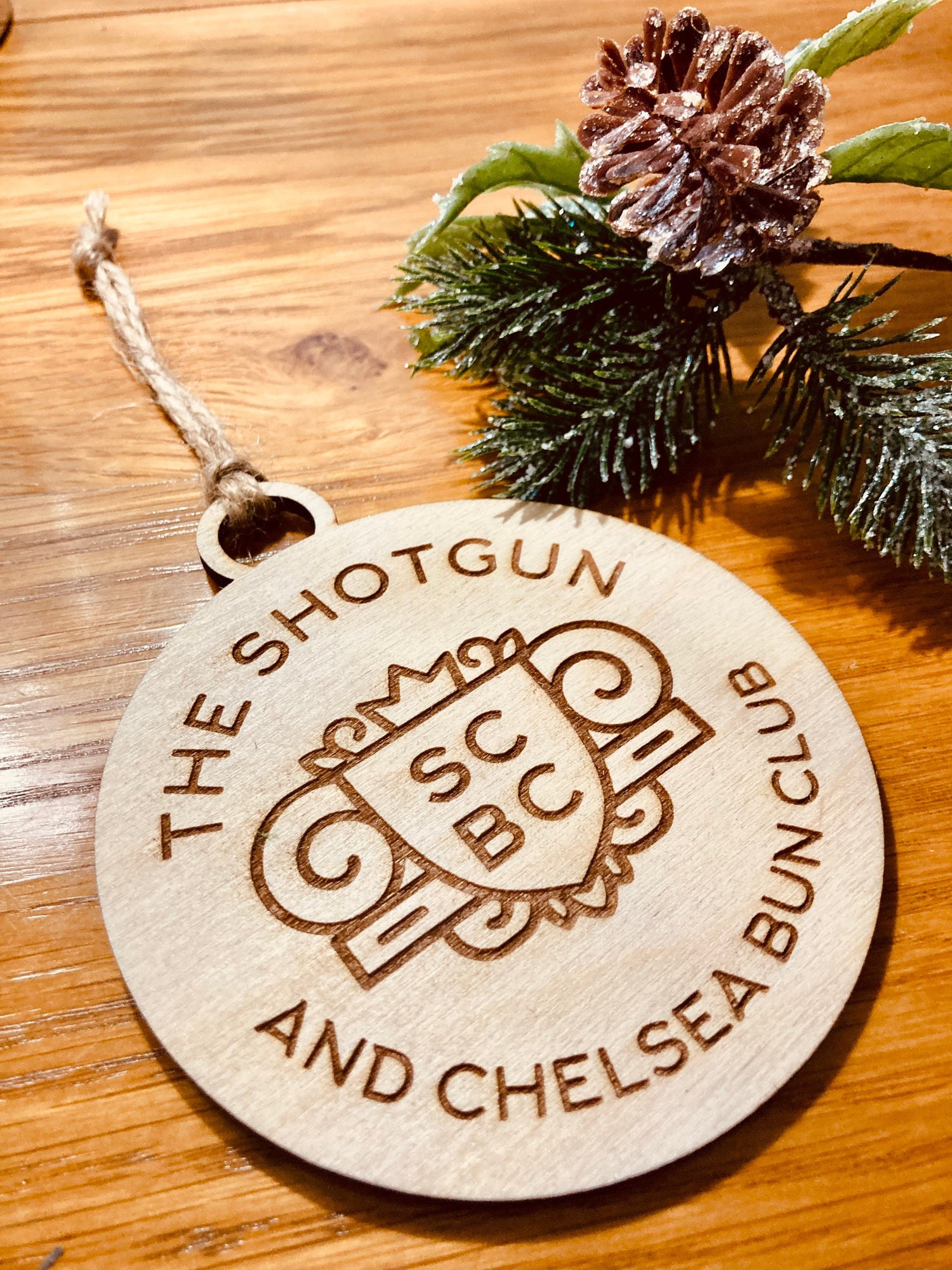 Branded personalised Christmas bauble — laser engraved oak, 10cm, 5 ribbon colours