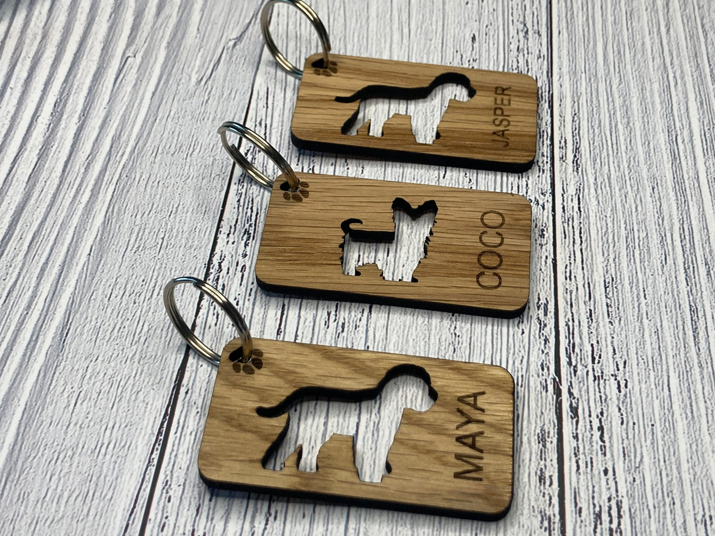 Personalised Dog Keyrings, Engraved Wooden Pet Keyring, Gift For Dog Owner, Oak