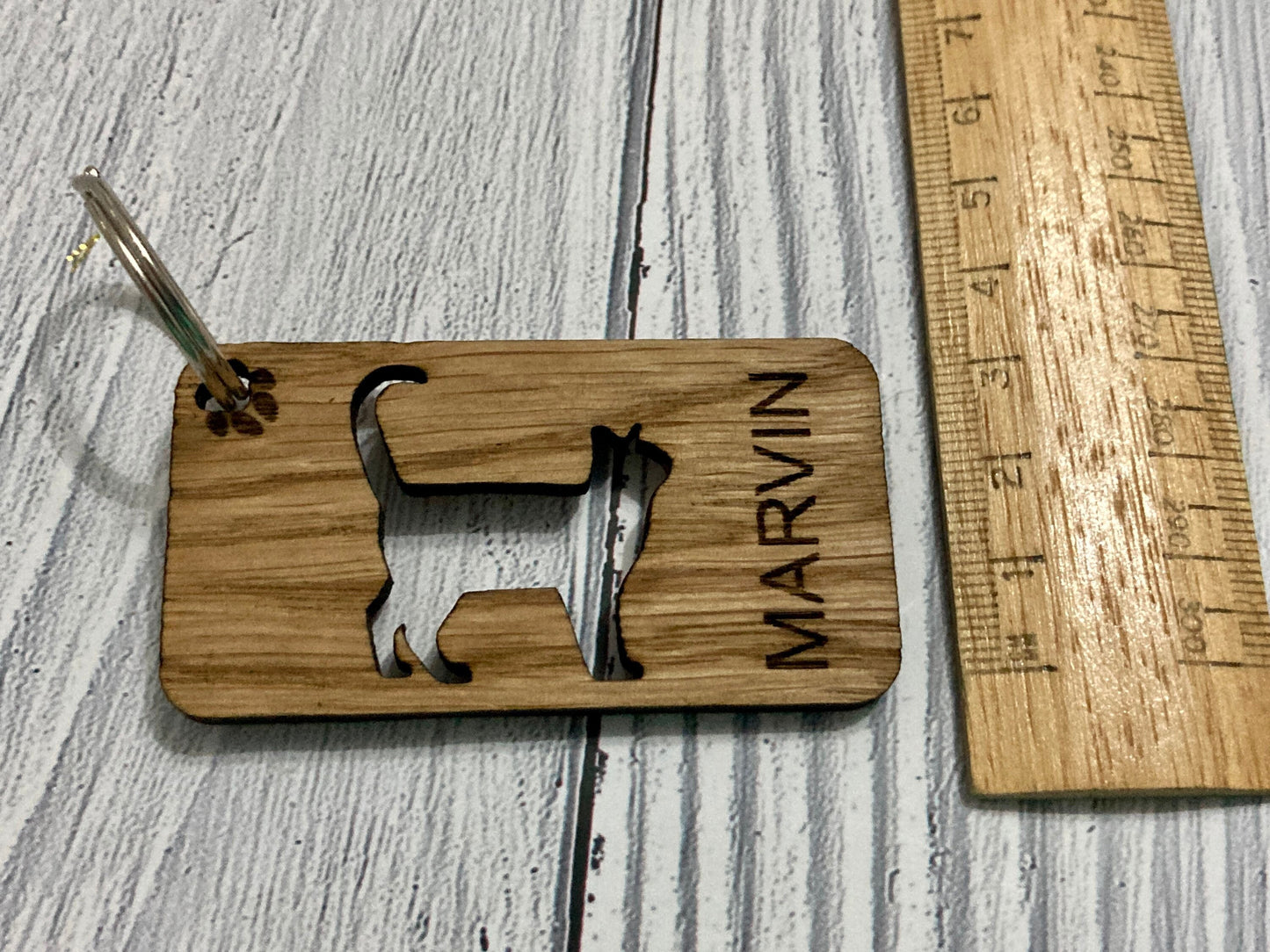 Personalised Cat Keyrings, Engraved Wooden Pet Keyring, Gift For Cat Owner, Oak