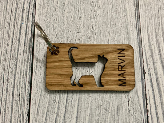 Personalised Cat Keyrings, Engraved Wooden Pet Keyring, Gift For Cat Owner, Oak