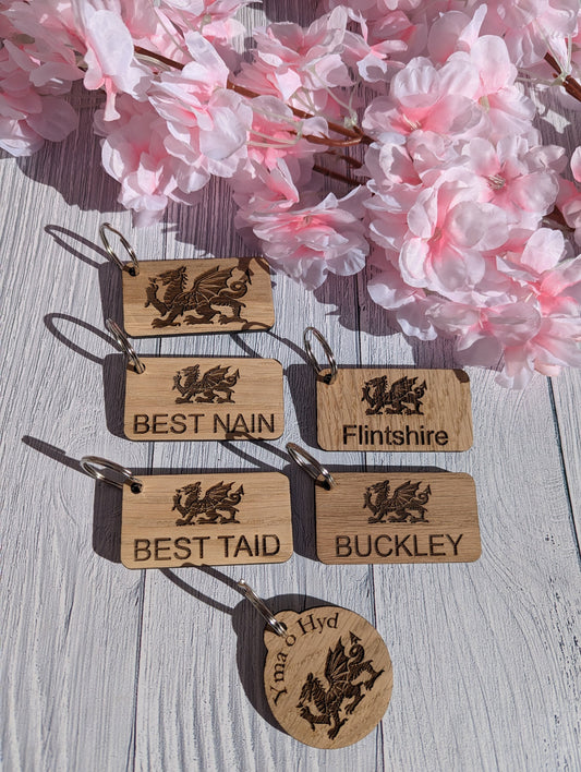 Personalised Patriotic Welsh Keyrings with Welsh Dragon and Phrases