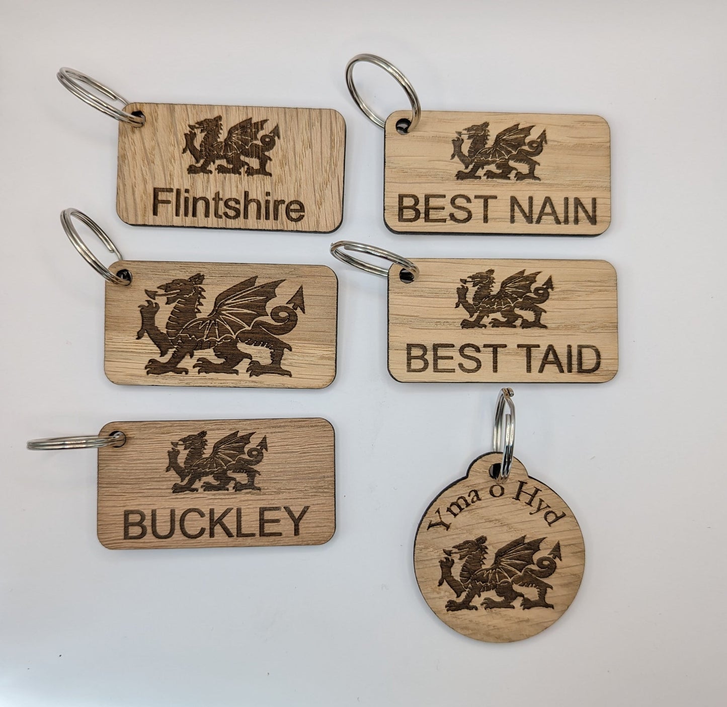 Personalised Patriotic Welsh Keyrings with Welsh Dragon and Phrases