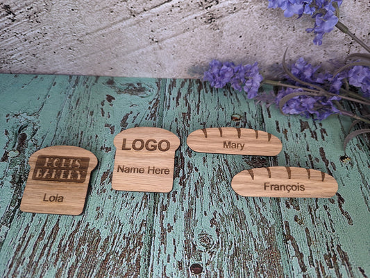 Personalised Wooden Name Badges | Custom Bakery Staff Badges | Bread Shaped Loaf Designs