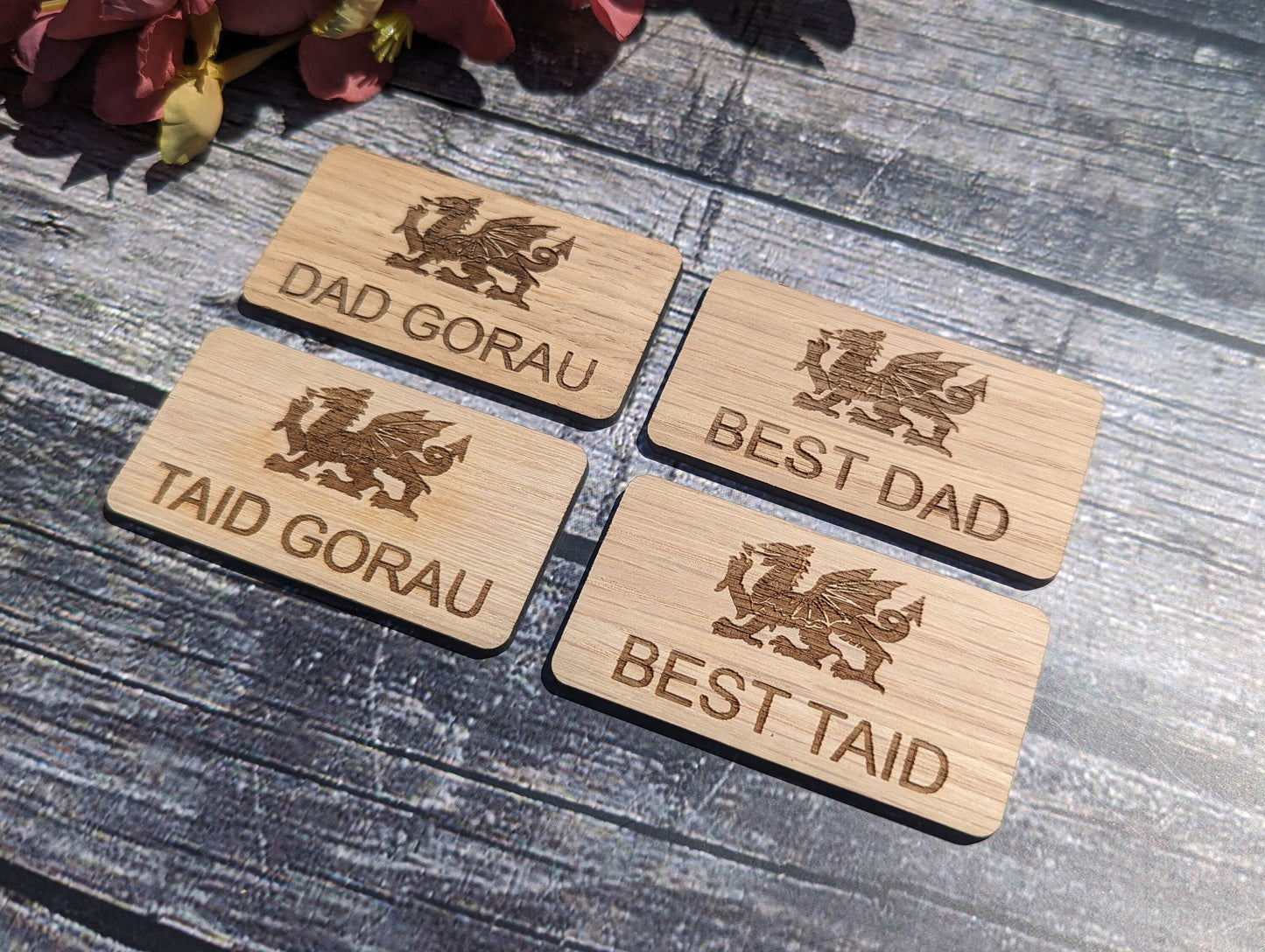 Fun Welsh Wooden Name Badges | Best Dad, Best Taid, Dad Gorau, Taid Gorau