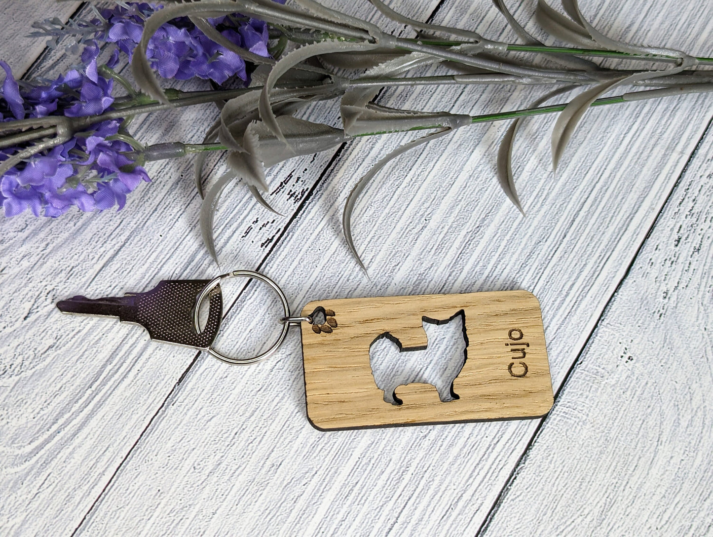 Personalised Chihuahua (Long Coat) Wooden Keyring | Oak Dog Keychain | Gift For Long Haired Chihuahua Parent | Doggy Key Tag Gift