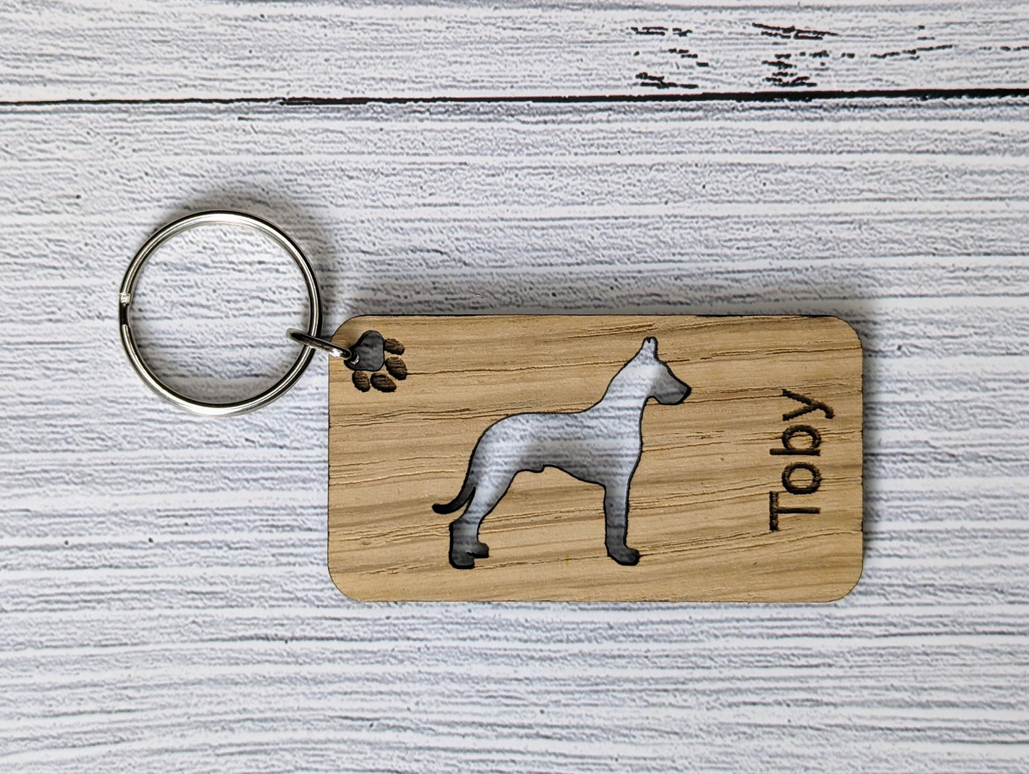 Personalised Great Dane Wooden Keyring | Oak Dog Keychain | Gift For Great Dane Parent | Doggy Key Tag Gift