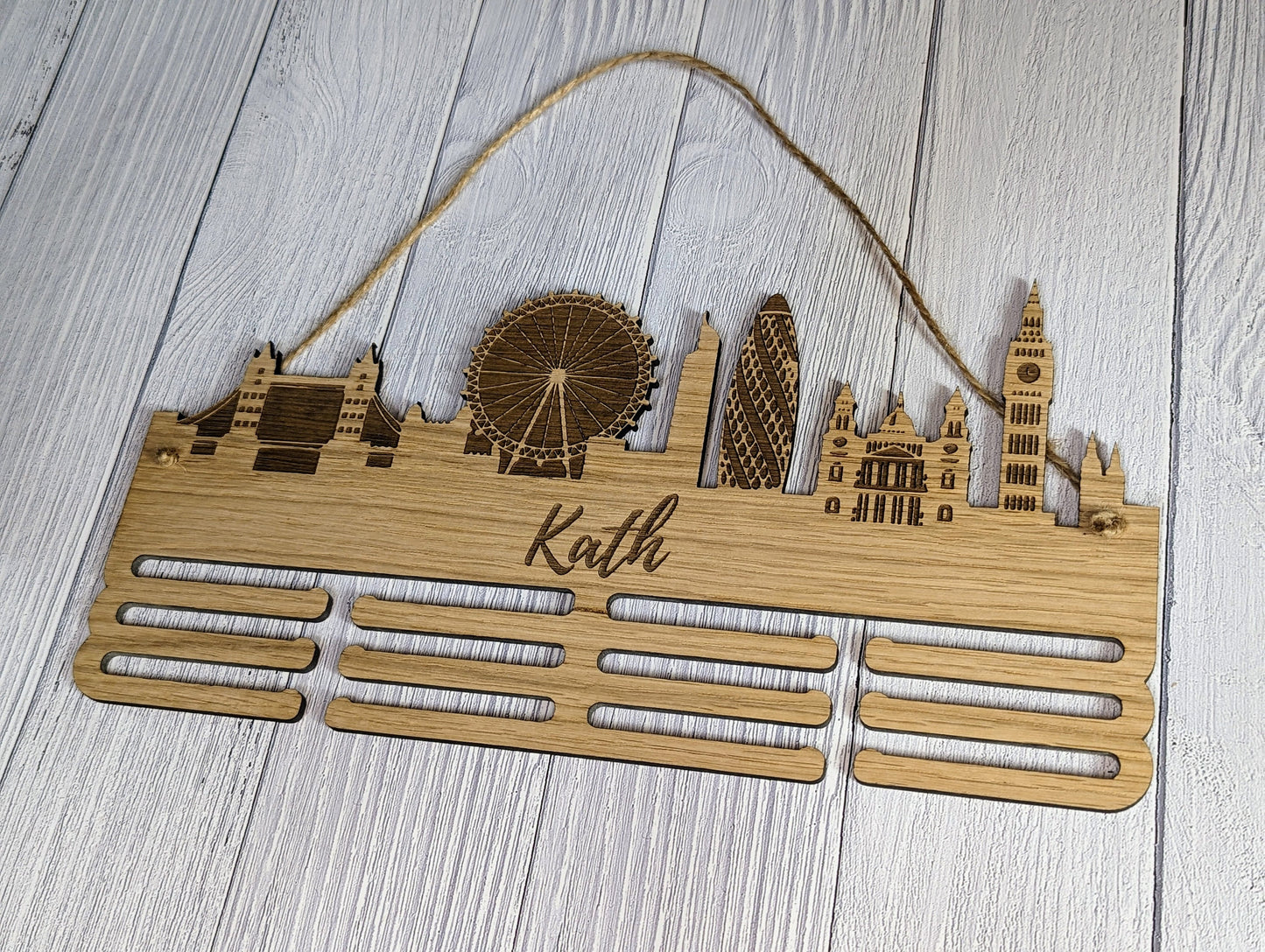 Personalised London Skyline Wooden Medal Hanger | Engraved Sports Medal Display | Oak Veneer, Marathon Runner, Athlete etc