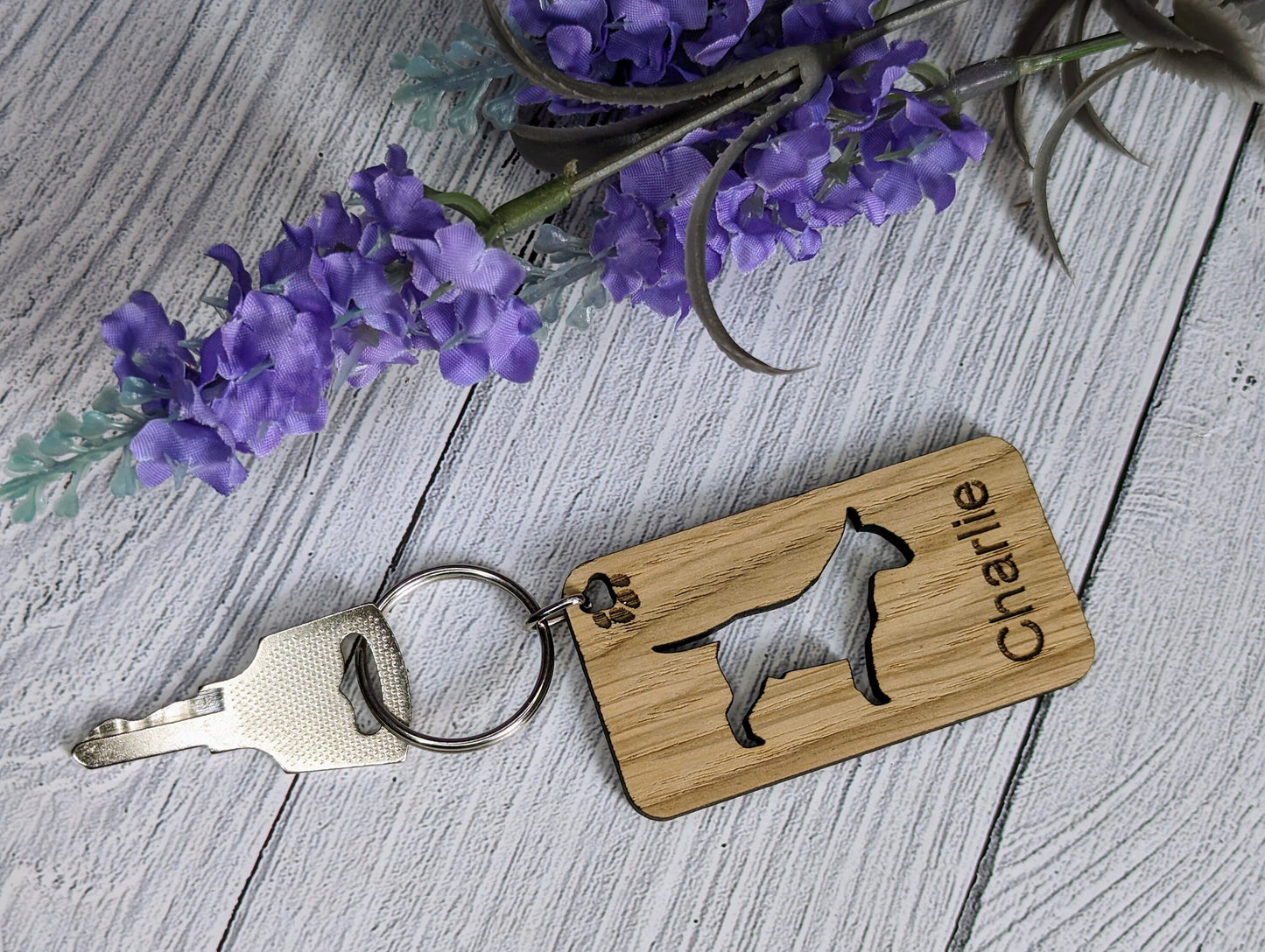 Personalised Bull Terrier Wooden Keyring | Oak Dog Keychain | Gift For Bull Terrier Parent | Doggy Key Tag Gift