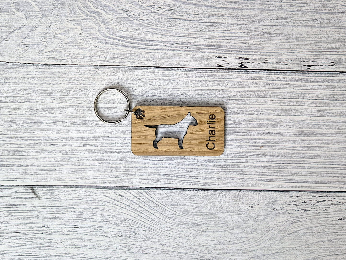 Personalised Bull Terrier Wooden Keyring | Oak Dog Keychain | Gift For Bull Terrier Parent | Doggy Key Tag Gift