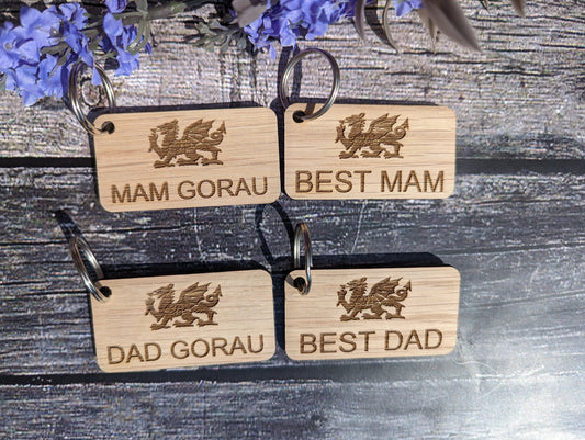 Welsh Keyrings, Best Dad, Best Mam, Dad Gorau, Mam Gorau, with Welsh Dragon, Welsh Gifts, Mother's Day Gift, Father's Day Gift