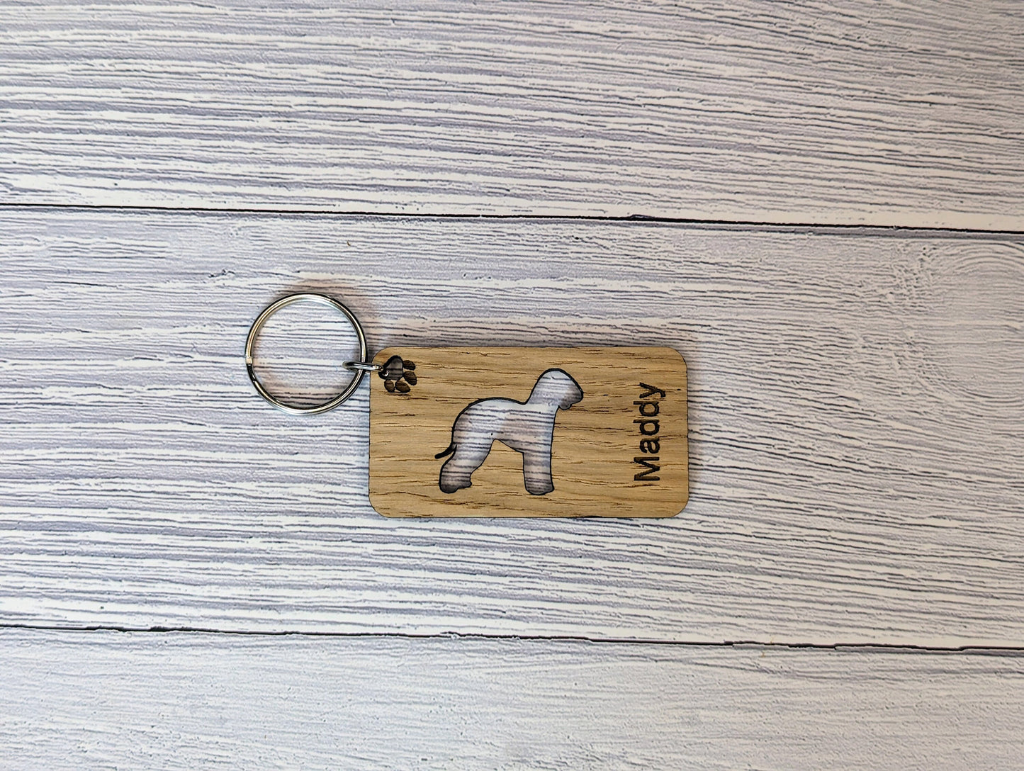 Personalised Bedlington Terrier Wooden Keyring | Oak Dog Keychain | Gift For Bedlington Parent | Doggy Key Tag Gift