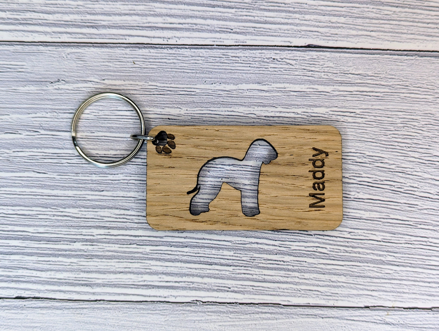 Personalised Bedlington Terrier Wooden Keyring | Oak Dog Keychain | Gift For Bedlington Parent | Doggy Key Tag Gift