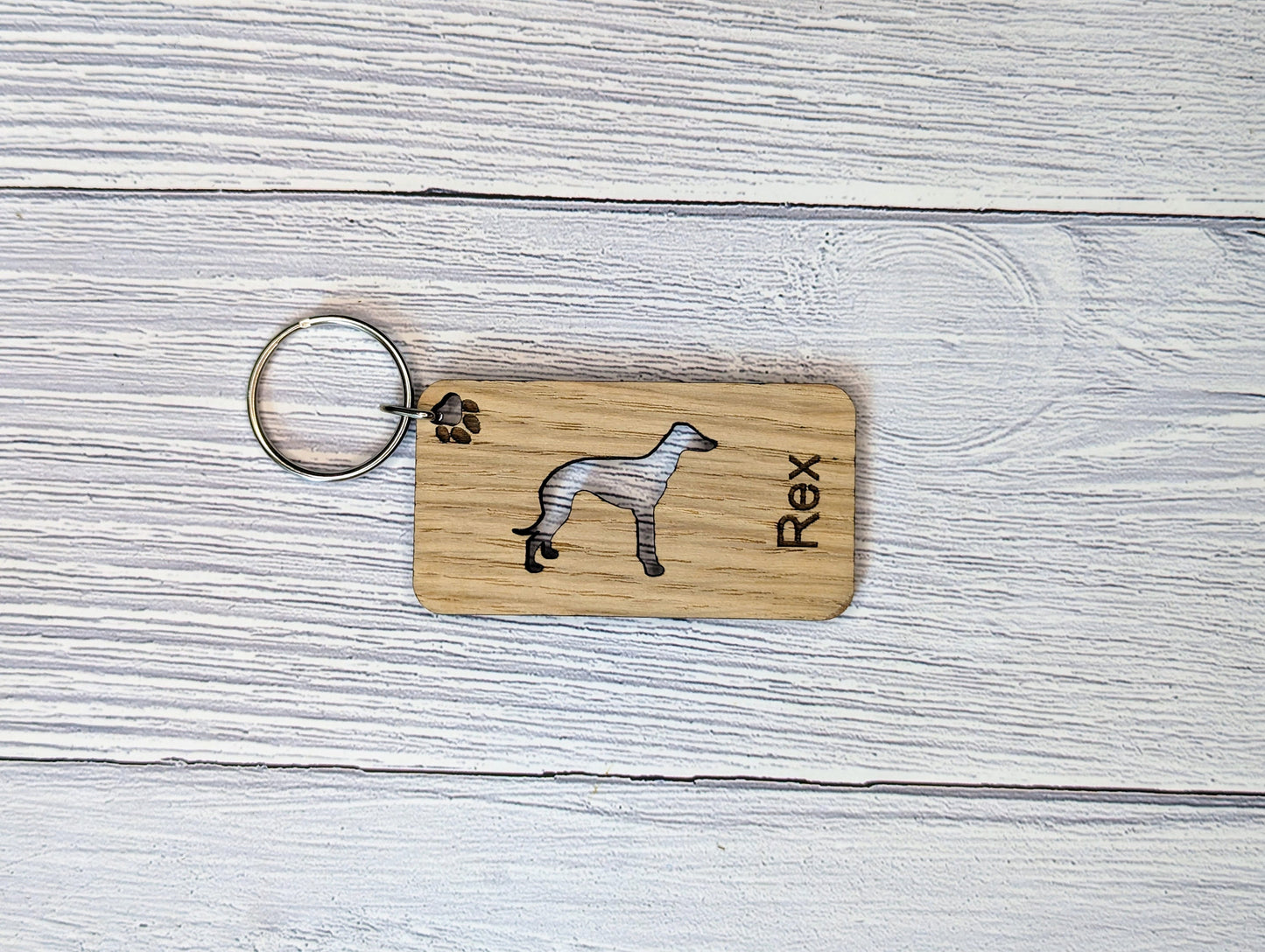 Personalised Greyhound Wooden Keyring | Oak Dog Keychain | Gift For Greyhound Parent | Doggy Key Tag Gift