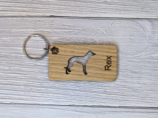 Personalised Greyhound Wooden Keyring | Oak Dog Keychain | Gift For Greyhound Parent | Doggy Key Tag Gift