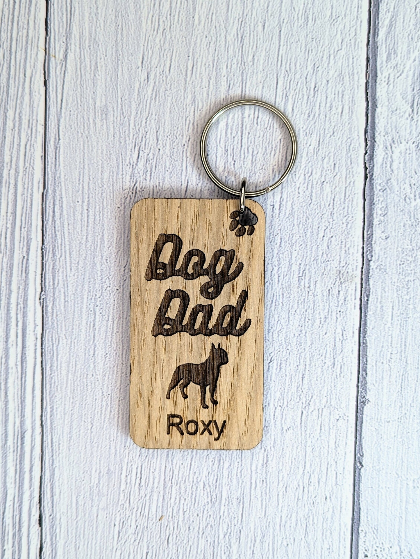 Personalised Boston Terrier Dog Dad Wooden Keyring | Oak Dog Keychain | Gift For Boston Terrier Parent | Doggy Key Tag Gift