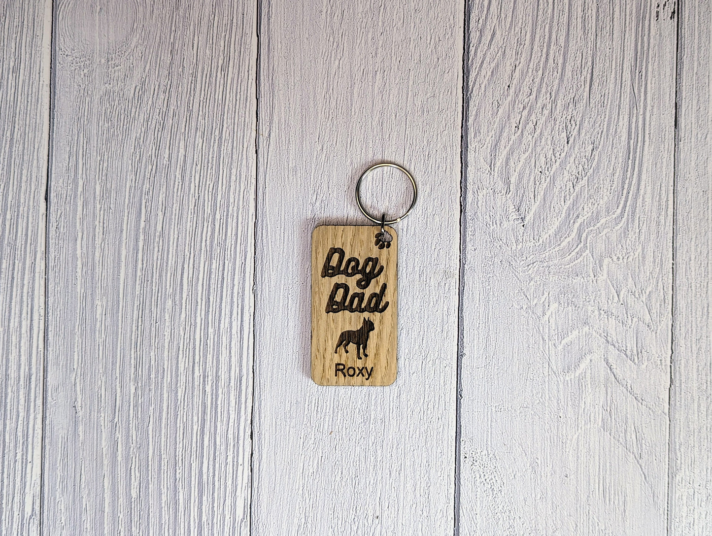 Personalised Boston Terrier Dog Dad Wooden Keyring | Oak Dog Keychain | Gift For Boston Terrier Parent | Doggy Key Tag Gift