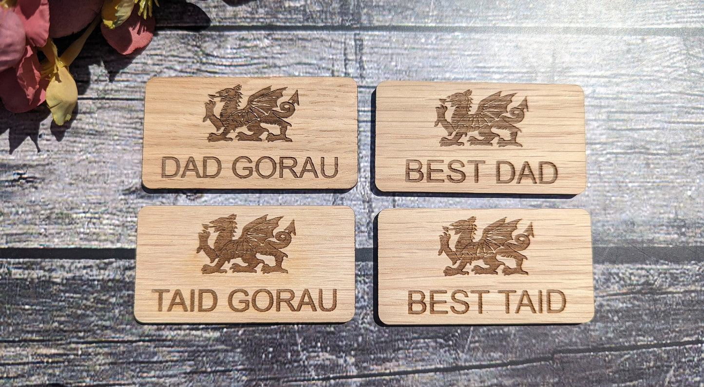 Fun Welsh Wooden Name Badges | Best Dad, Best Taid, Dad Gorau, Taid Gorau