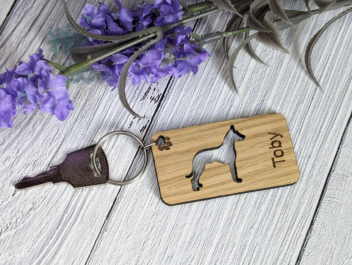 Personalised Great Dane Wooden Keyring | Oak Dog Keychain | Gift For Great Dane Parent | Doggy Key Tag Gift