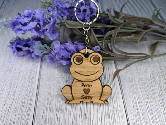 Wooden Frog Keyring | Personalised Frog Heart Keyring | Add Your Names | Bag Tag | Oak Veneered