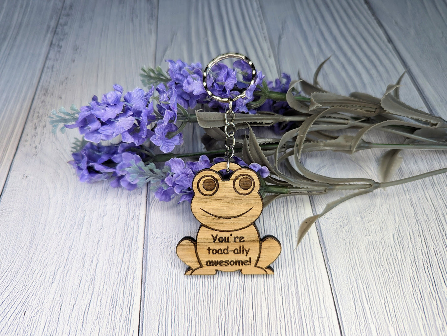 Wooden Frog Keyring | You're toad-ally awesome! | Bag Tag | Can Be Personalised | Oak Veneered MDF