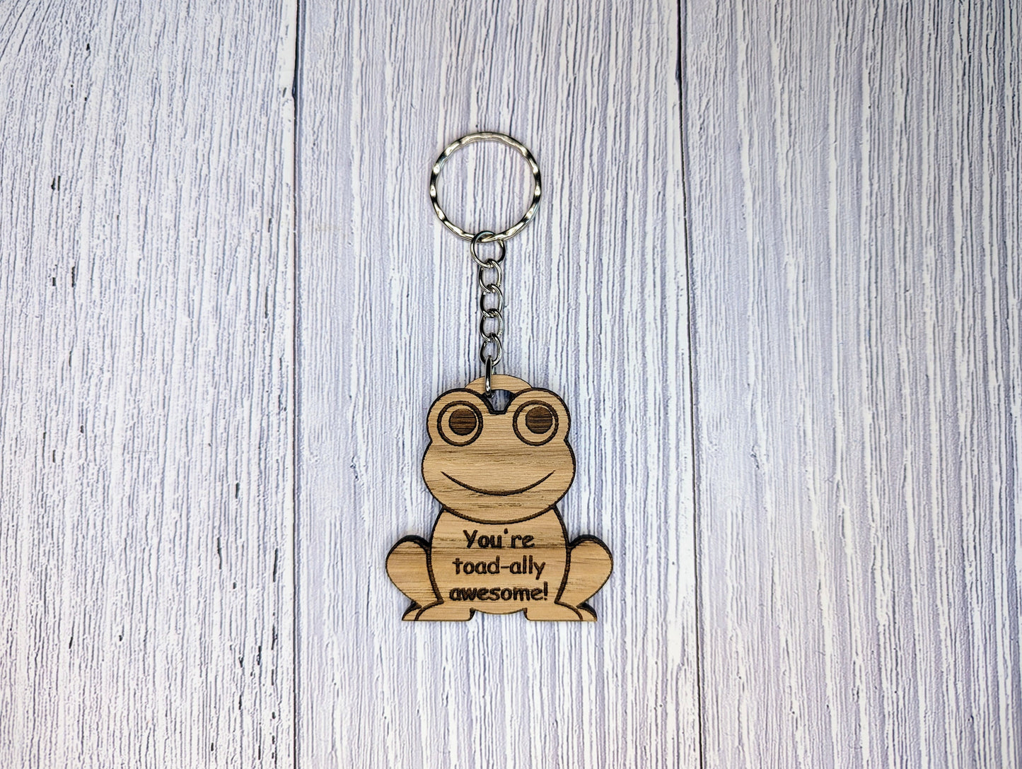 Wooden Frog Keyring | You're toad-ally awesome! | Bag Tag | Can Be Personalised | Oak Veneered MDF