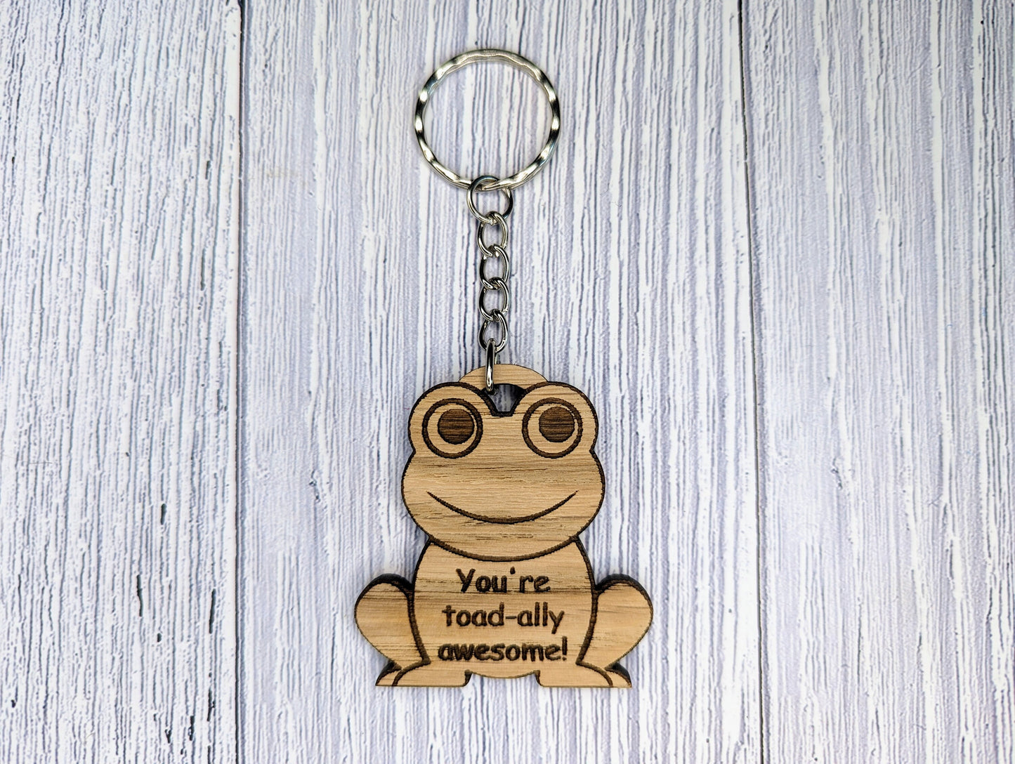 Wooden Frog Keyring | You're toad-ally awesome! | Bag Tag | Can Be Personalised | Oak Veneered MDF