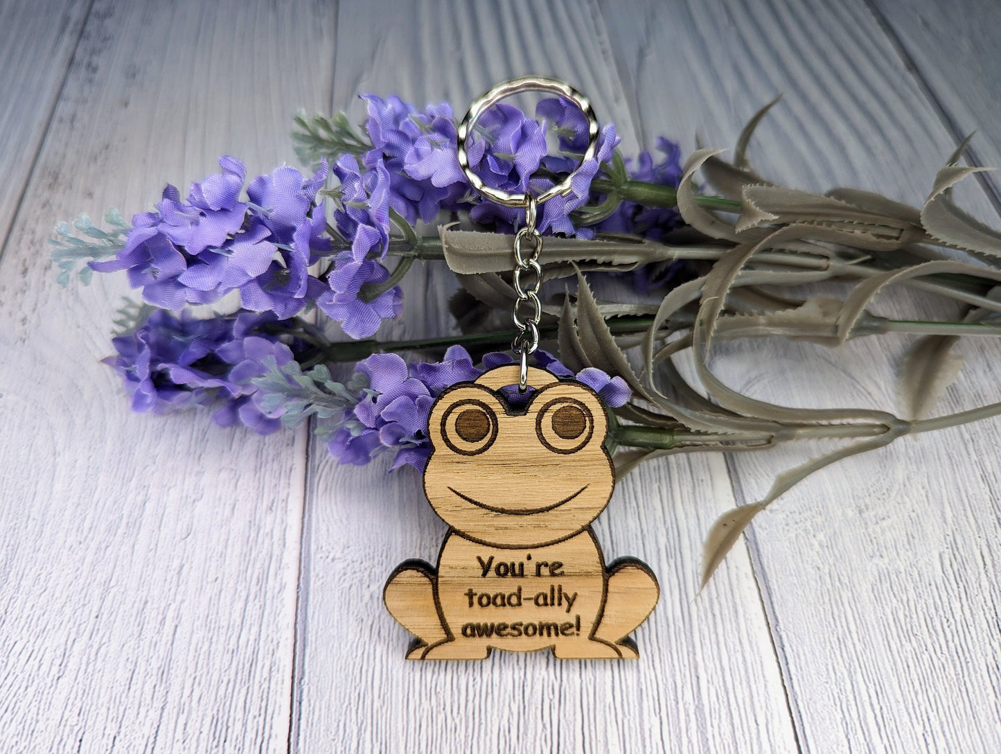 Wooden Frog Keyring | You're toad-ally awesome! | Bag Tag | Can Be Personalised | Oak Veneered MDF