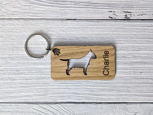 Personalised Bull Terrier Wooden Keyring | Oak Dog Keychain | Gift For Bull Terrier Parent | Doggy Key Tag Gift