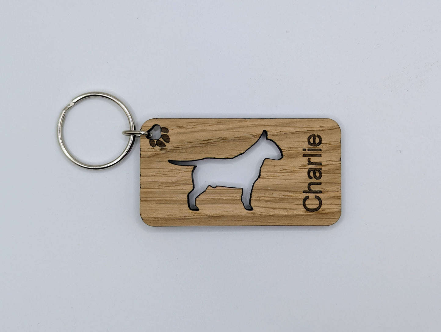 Personalised Bull Terrier Wooden Keyring | Oak Dog Keychain | Gift For Bull Terrier Parent | Doggy Key Tag Gift