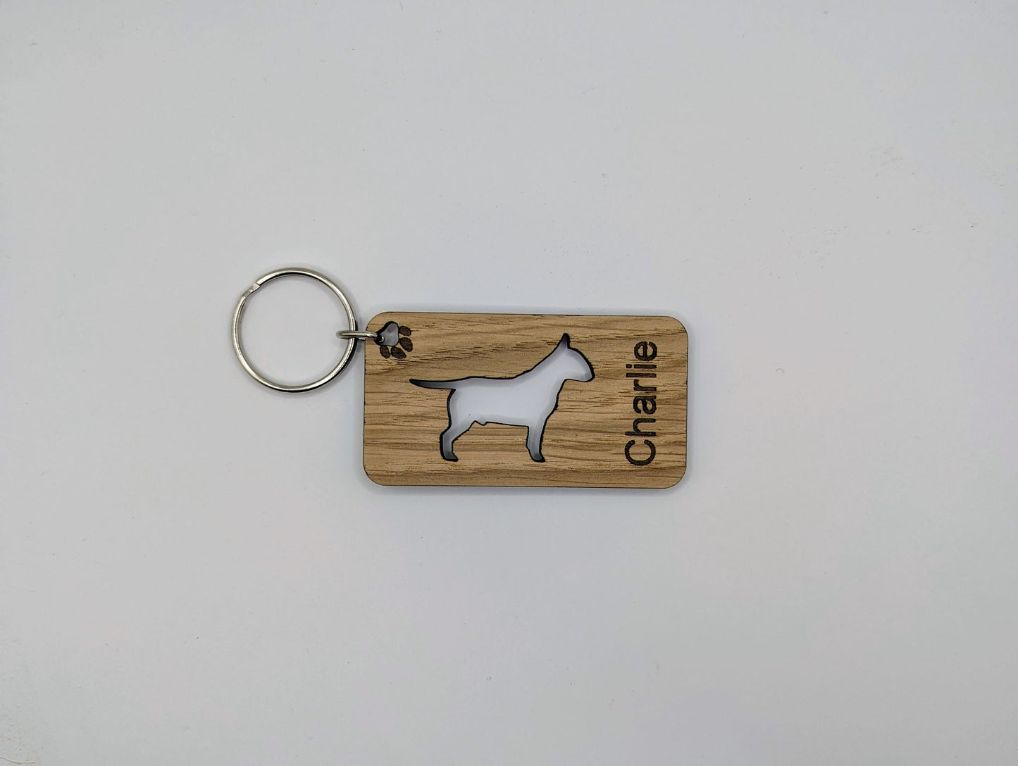 Personalised Bull Terrier Wooden Keyring | Oak Dog Keychain | Gift For Bull Terrier Parent | Doggy Key Tag Gift