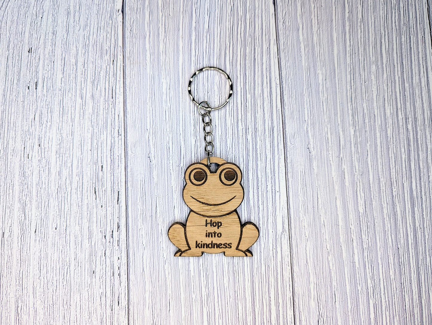 Wooden Frog Keyring | Hop into kindness | Bag Tag | Can Be Personalised | Oak Veneered MDF